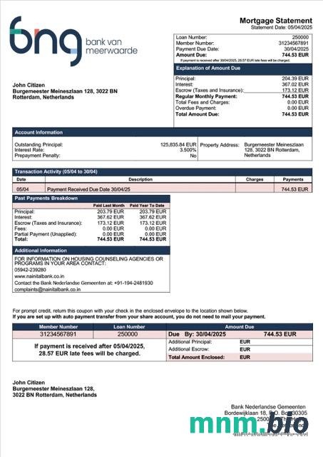 Holandia Bank Nederlandse Gemeenten wyciąg z kredytu hipotecznego szablon Word i PDF
